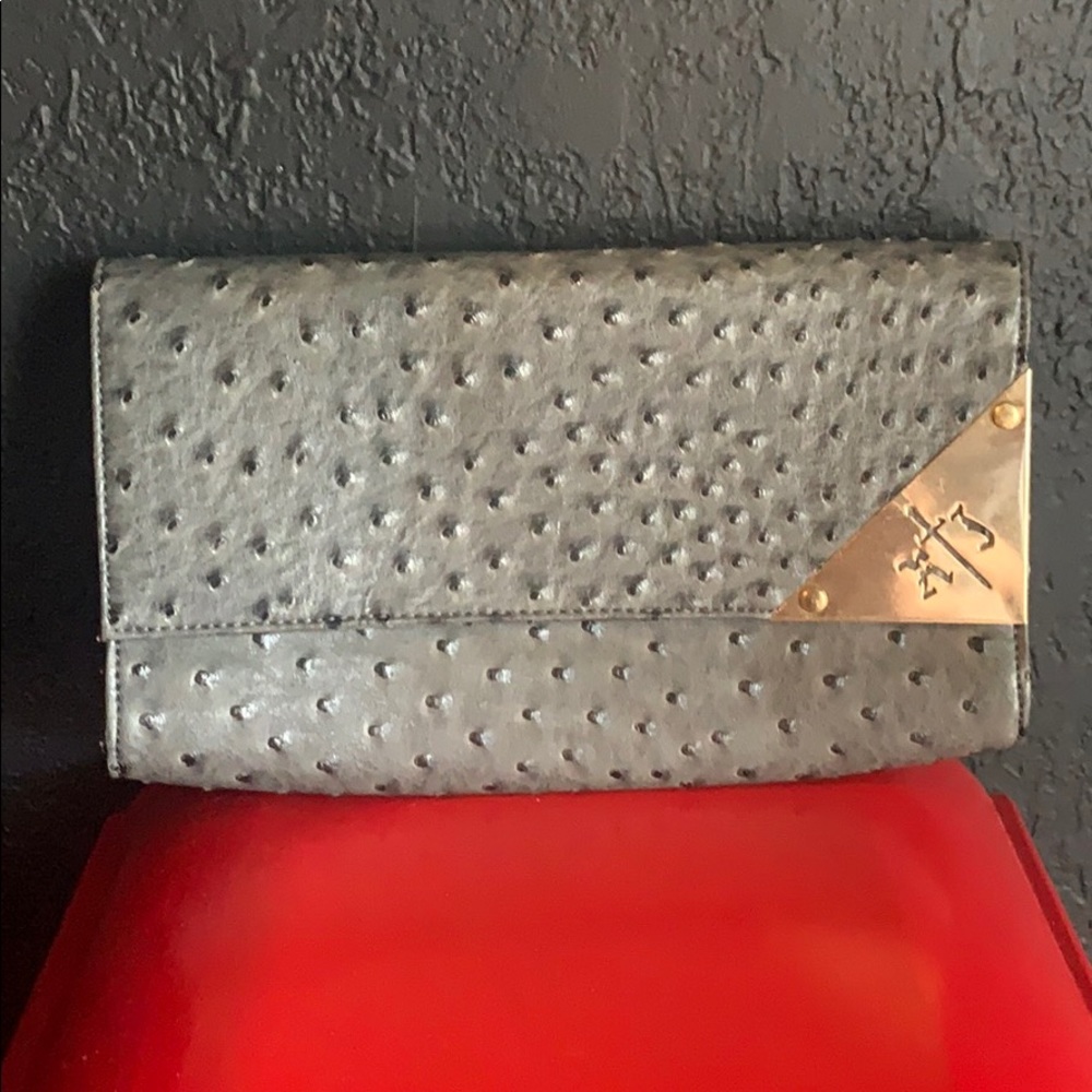 New Gray Faux Ostrich Clutch w. Gold Trim